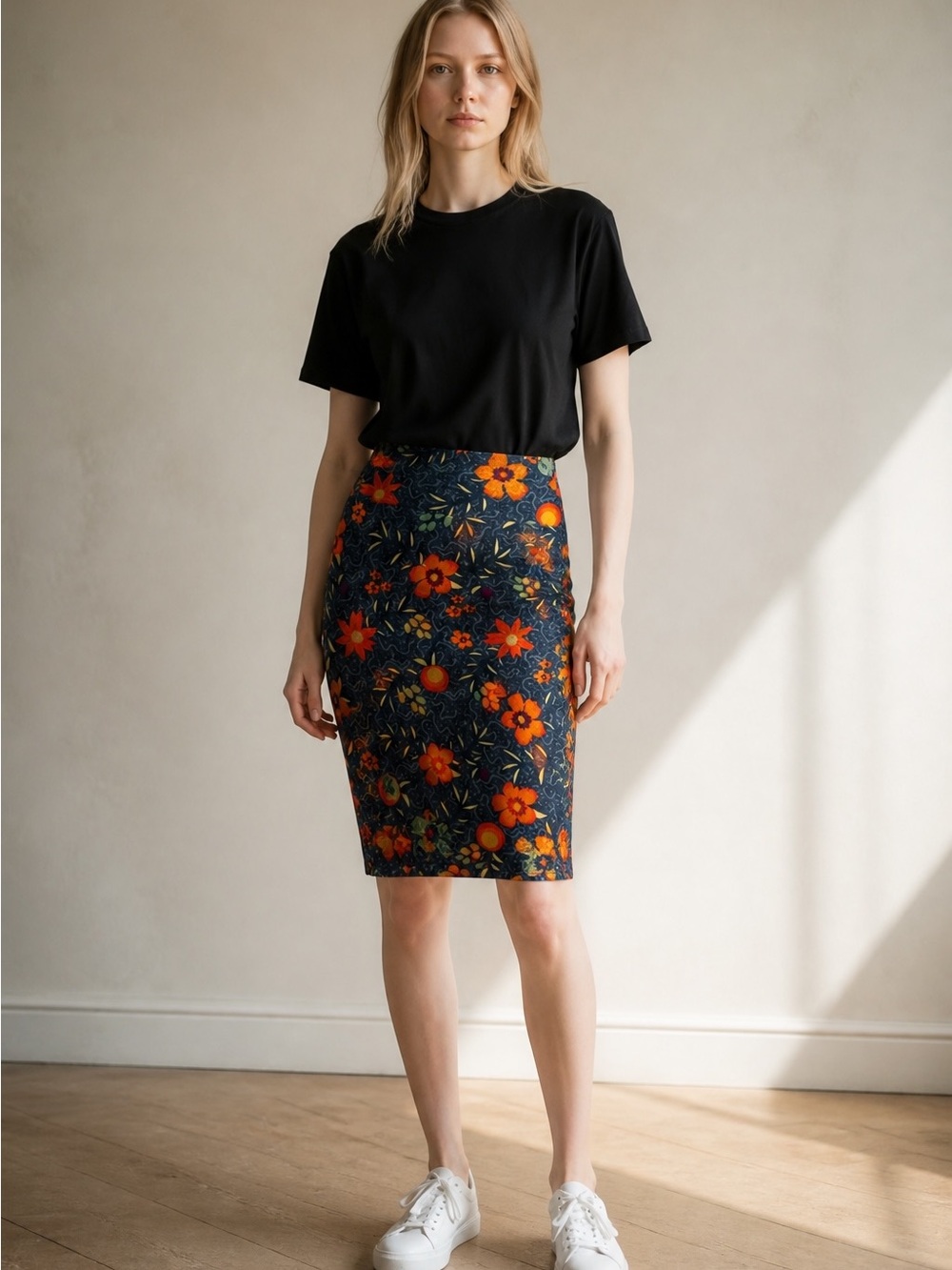 Lula Roe Floral Pencil Skirt in Navy and Orange